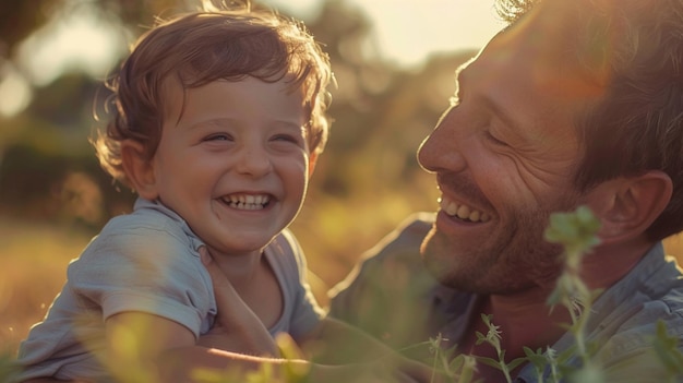 a father and son playing in the grass