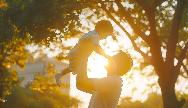 Photo father and son playing in the park at the sunset time