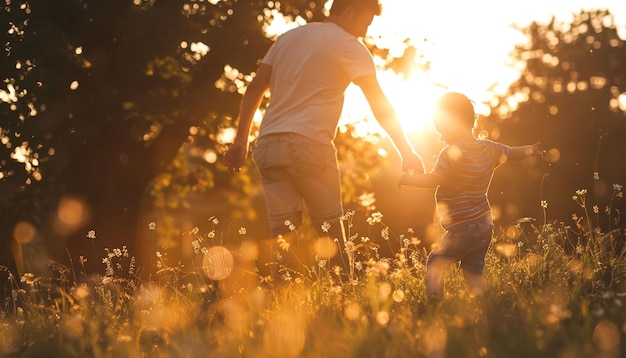 Photo father and son playing in the park at the sunset time