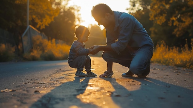 Father and son playing on the road during the day Concept of a friendly family