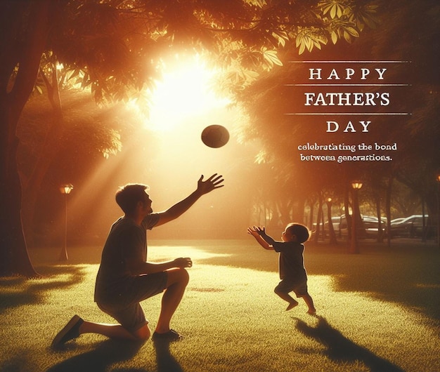 a father and son playing with a ball in the park