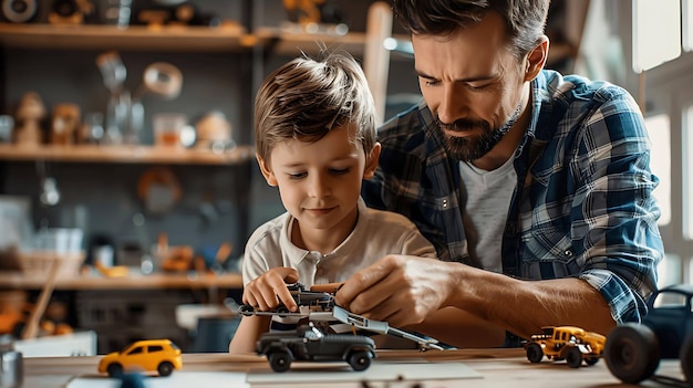 a father and son playing with a toy car