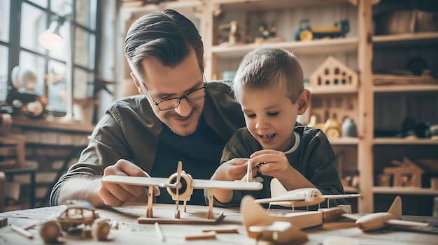 Photo a father and son playing with a toy ship and a toy ship