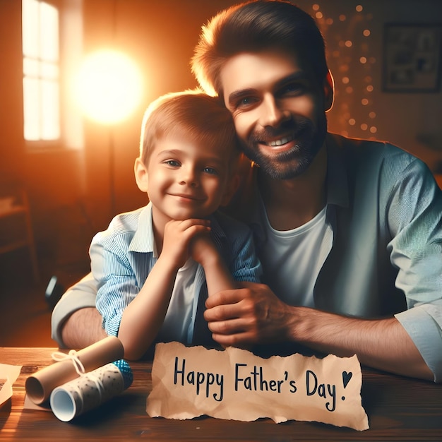 a father and son pose for a picture with a paper that says  happy fathers day