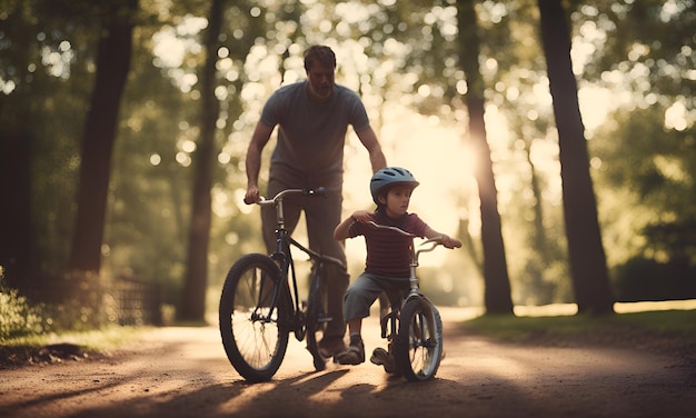 a father and son ride a bicycle in the woods