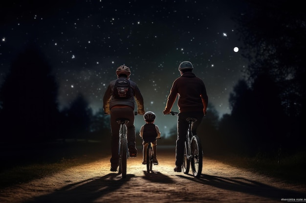 Father and son ride exercise bikes on city streets Father and son riding bicycles together at night