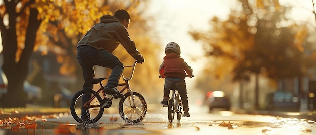 a father and son ride their bikes on a road