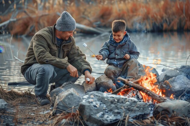 A father and son roast marshmallows over a campfire by the lake A father and son roasting marshmallows over a campfire