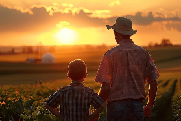 Father and son in a rural setting at sunset Agriculture family rural living