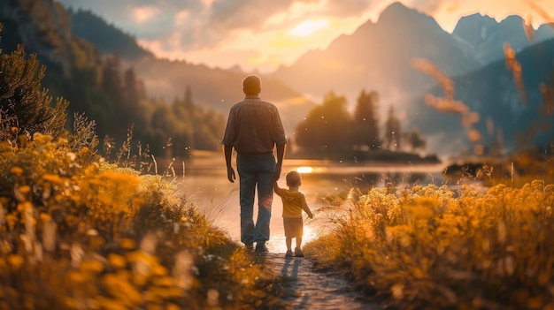 Photo father and son silhouettes against sunset over mountains