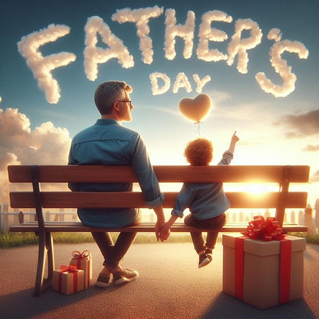 a father and son sit on a bench with a heart shaped gift box and a man holding a heart shaped balloon