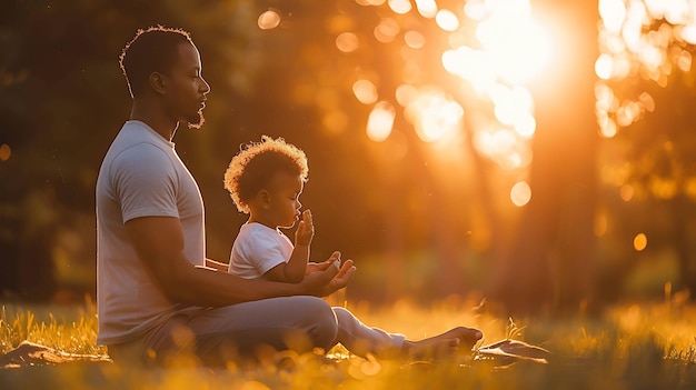 a father and son sit in the grass one of them reads a book