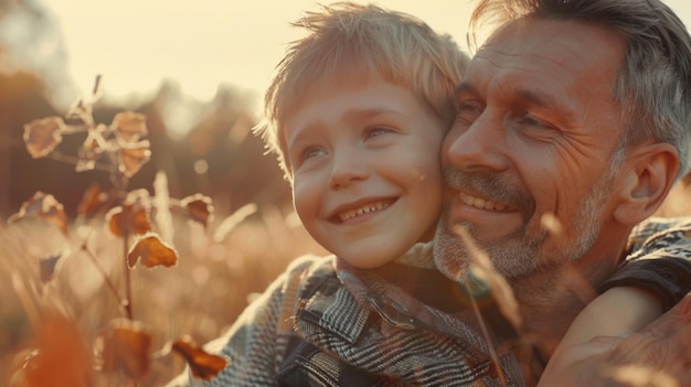 a father and son smile in a field