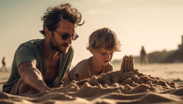 Father and son smile in sunny sand generated by AI