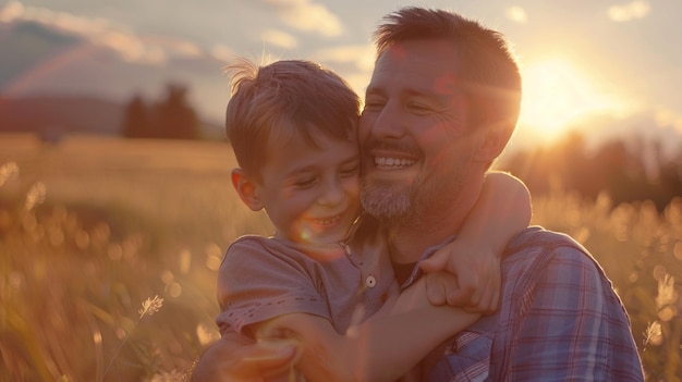 father and son smiling in a field at sunset