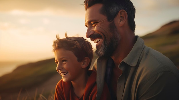 Photo a father and son smiling in a field