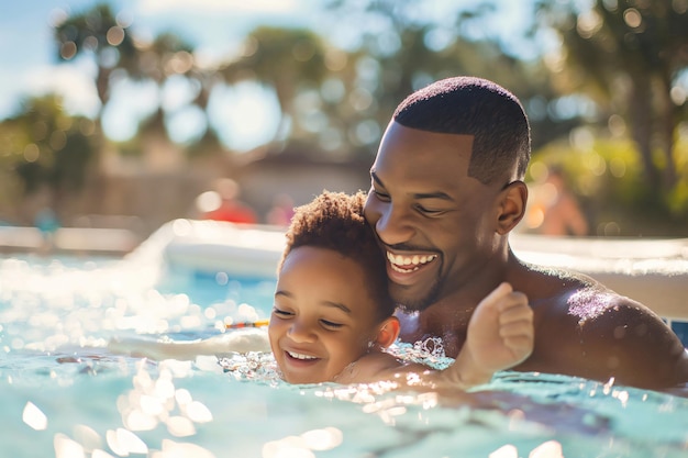 Father and son smiling swimming together in a pool on a sunny day enjoying outdoors bonding creating lasting memories showcasing warm relationship