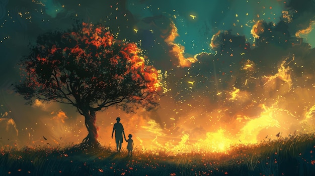 A father and son stand in a field looking at a tree with a lot of orange leaves The sky is dark and