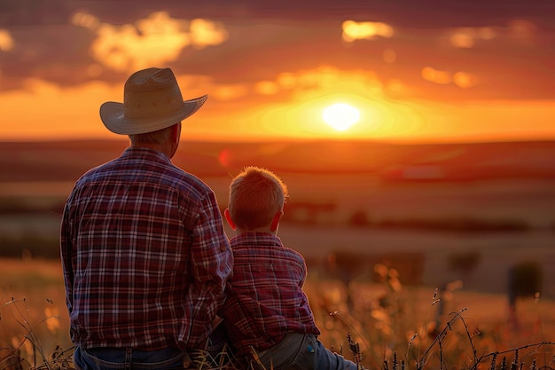 Father and son in sunset countryside farm scene