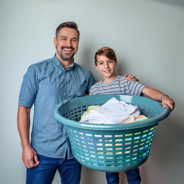 Father and son together with a basket of dirty laundry