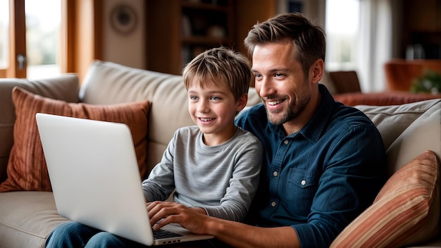 a father and son using a laptop sitting on the couch