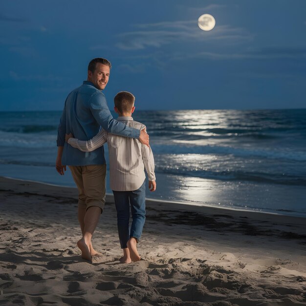 father son walk on the beach moon shining over the water