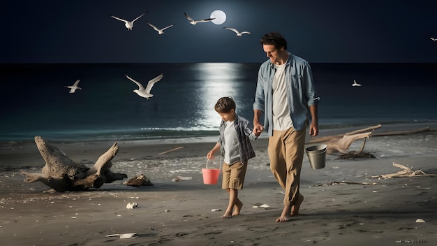 father son walk on the beach moon shining over the water