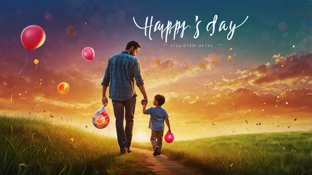 a father and son walk down a path with balloons and the words happy day on the album cover