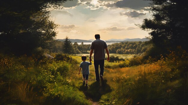 Father and son walk in nature back view