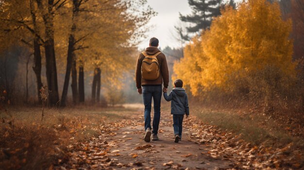 Father and son walk in nature back view