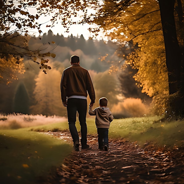 Photo father and son walk in nature