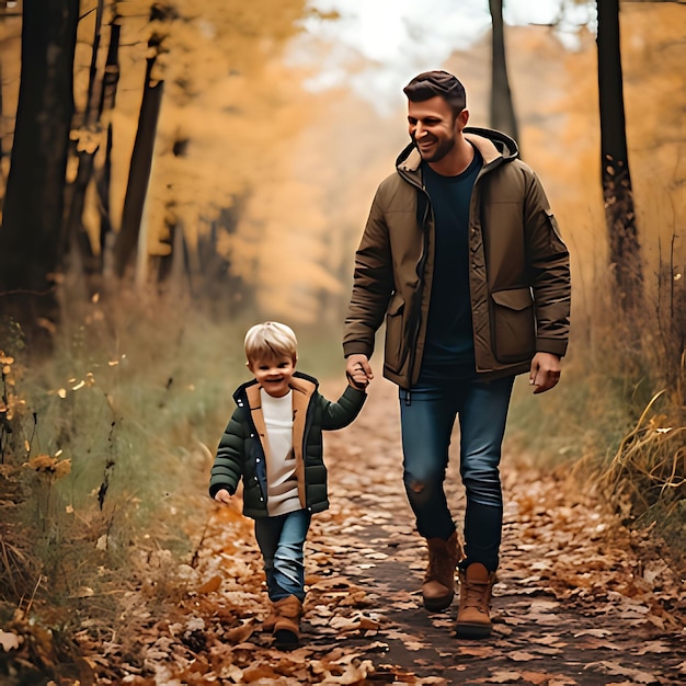 Photo father and son walk in nature