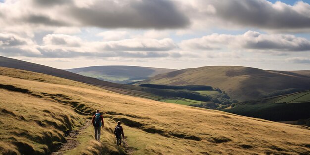 Father And Son Walking In The Cheviot Hills