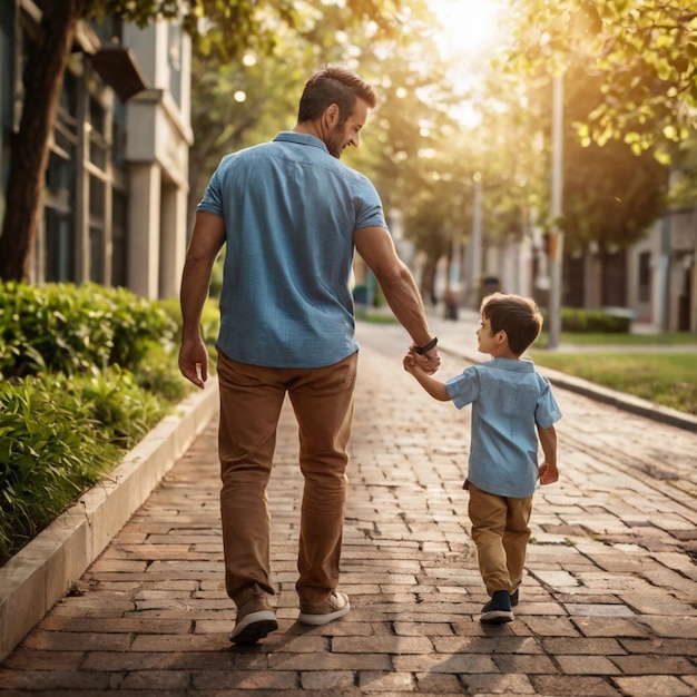 father and son walking down the street holding hands both wearing blue shirts