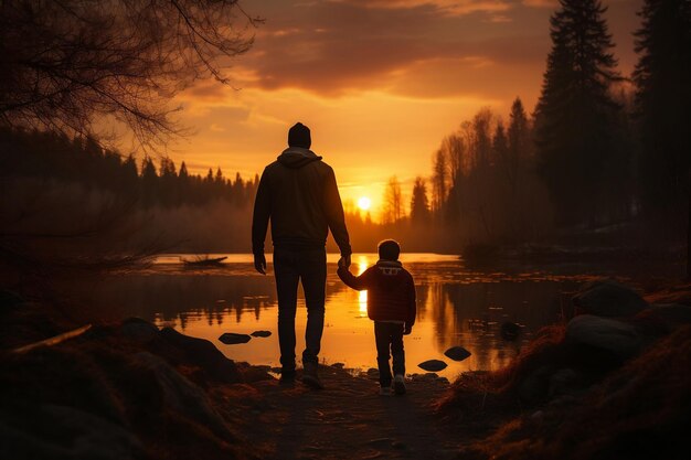 father and son walking down in sunset Generative Ai