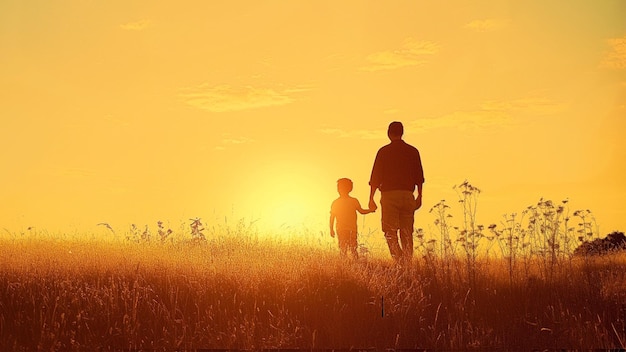 a father and son walking in a field at sunset