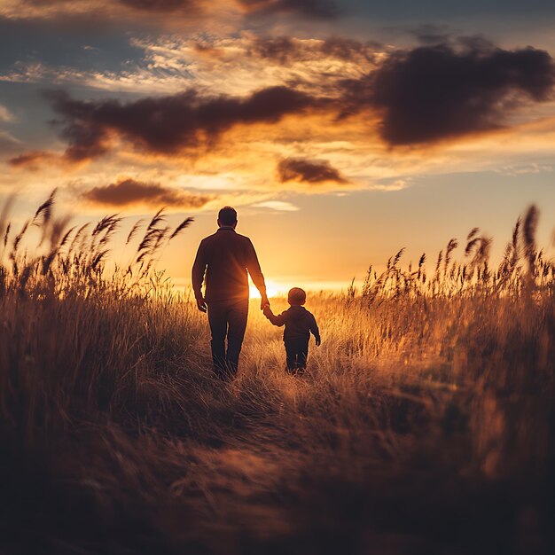 Father and Son Walking Hand in Hand at Sunset