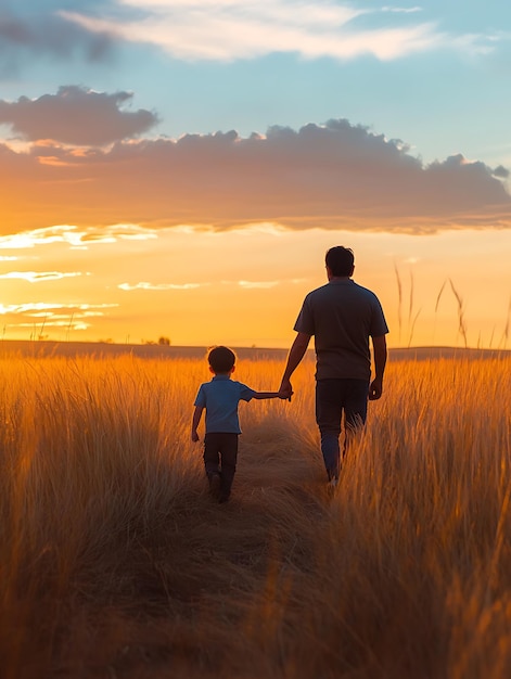 Father and Son Walking Hand in Hand at Sunset