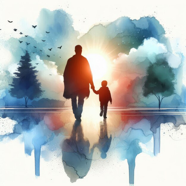 Photo a father and son walking in the park with the sun shining through the clouds