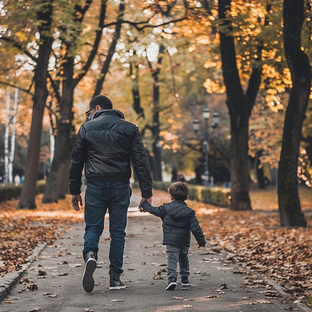 father and son walking together in the park at morning