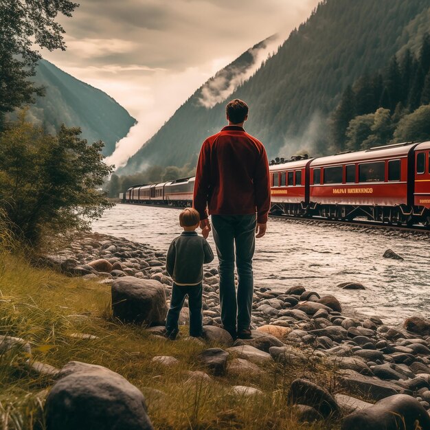 Photo father and son watching a steam train pass along the tracks near the river