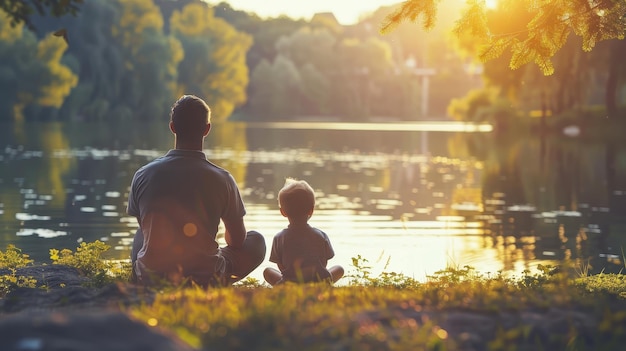 Photo father and son watching sunset by lake