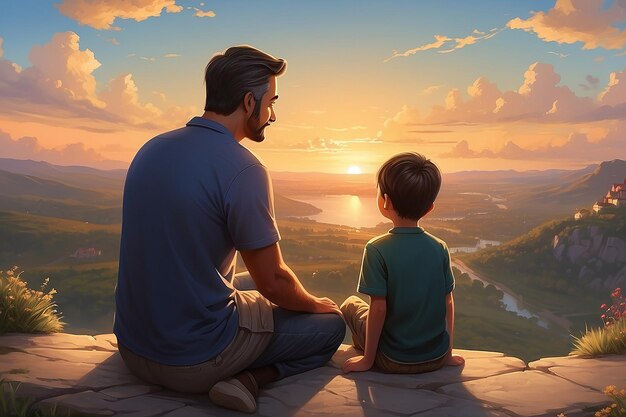 Photo father and son watching the sunset