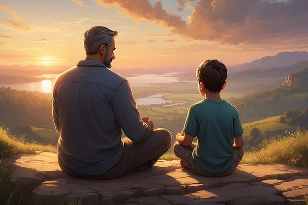 Photo father and son watching the sunset