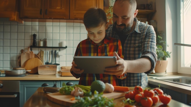 Father and son watching videos on tablet kitchen