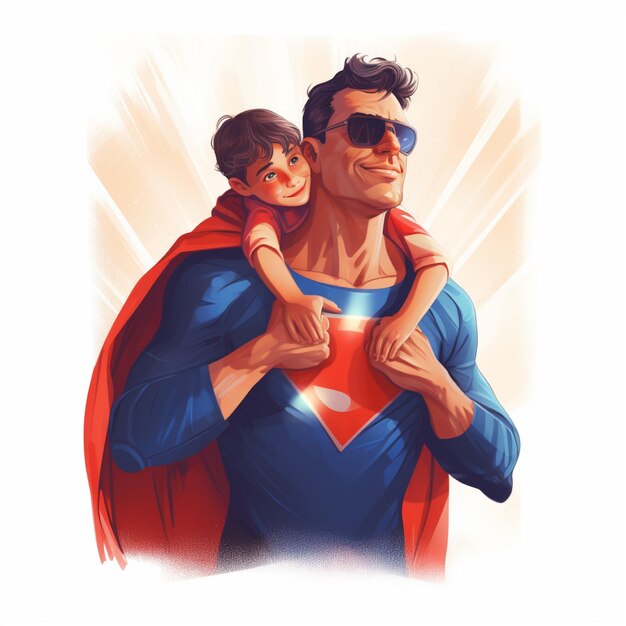 Father in superhero costume carries his son on his shoulders