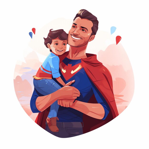 Father in superhero costume carries his son on his shoulders