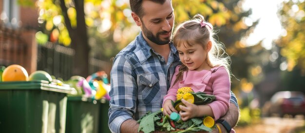 Father Teaching Daughter to Dispose of Food Waste