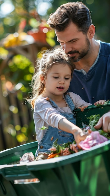 Father Teaching Daughter to Dispose of Food Waste