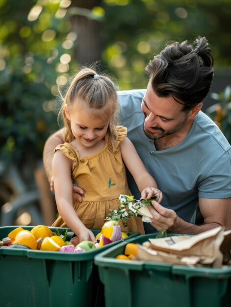 Father Teaching Daughter to Dispose of Food Waste